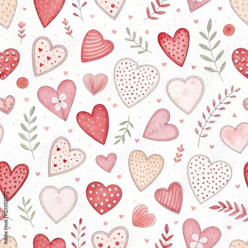 Romantic Heart Pattern: A charming, watercolor-style pattern featuring hearts in soft, delicate shades of pink and red, adorned with floral accents and dots.