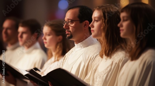 Altar servers wearing white tunics participating in church ceremony photo