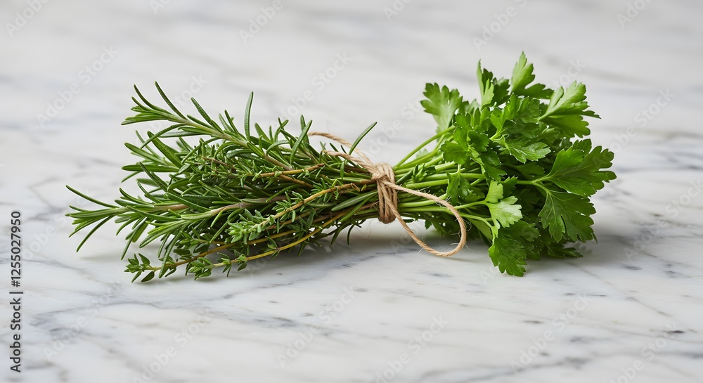 Fototapeta premium Fresh Herb Bundle Tied with String on Marble Surface for Cooking