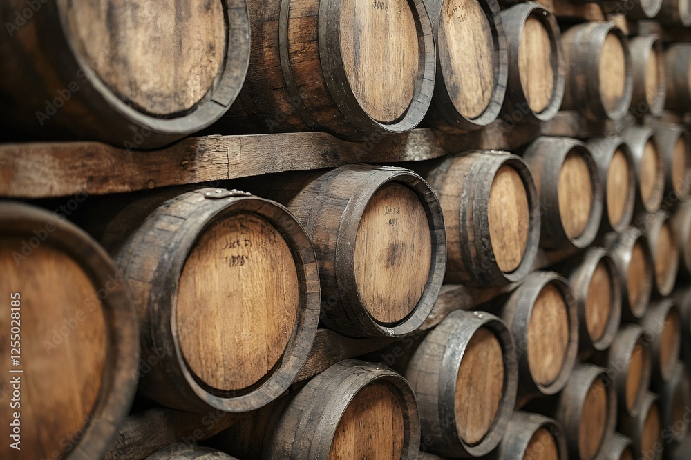 Wine cellar with wooden barrels aging showing the concept of winemaking tradition Wine cellar with wooden barrels aging showing the concept of winemaking tradition