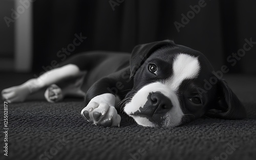 Black and white puppy lying down, indoor shot, relaxed mood, suitable for pet adoption posters photo