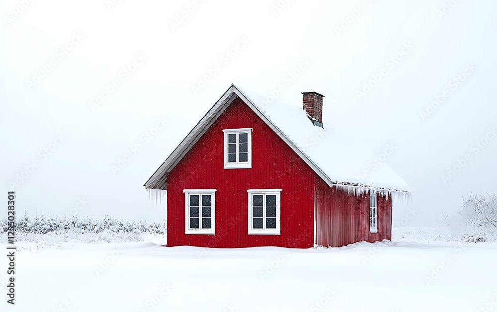 Red house in snowy landscape; winter scene; peaceful, quiet countryside. Possible use Stock photo for winter, nature, holiday, or travel themes Red house in snowy landscape; winter scene; peaceful, quiet countryside. Possible use Stock photo for winter, nature, holiday, or travel themes