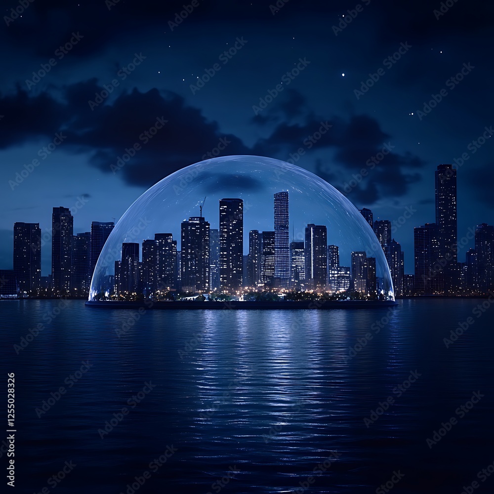 Fototapeta premium Metropolis Under Dome Shield Protection Safeguard against External Threats on the Water at Night
