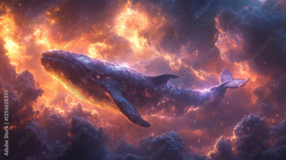 Fototapeta premium Surreal cosmic scene with floating whales in space, glowing stars, and purple nebula clouds