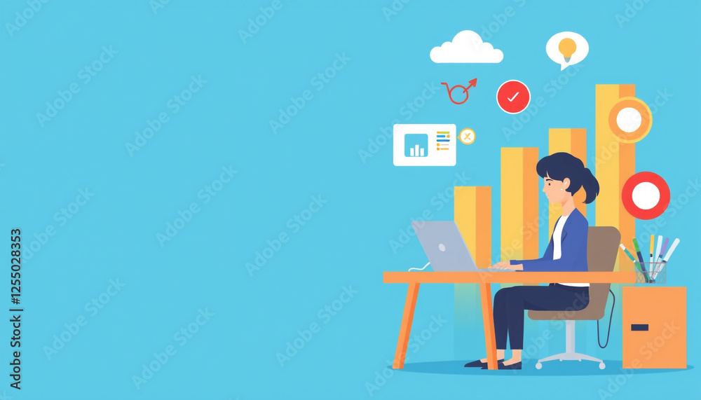 A flat vector illustration of a man working on a computer, surrounded by business icons and digital tools, symbolizing productivity, online work, and modern business technology in a creative setting.
