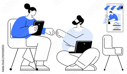 Two people interact with devices in a room, illustrating collaborative e-commerce. One uses a tablet, the other a laptop a smartphone displays an online shop. Ideal for teamwork, online shopping
