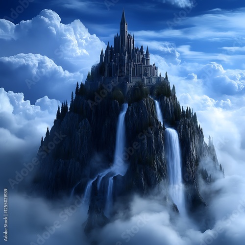 Mountain Fortress Cascade A Fairytale Castle Standing Tall In The Clouds Fantasy Realm Landscape photo