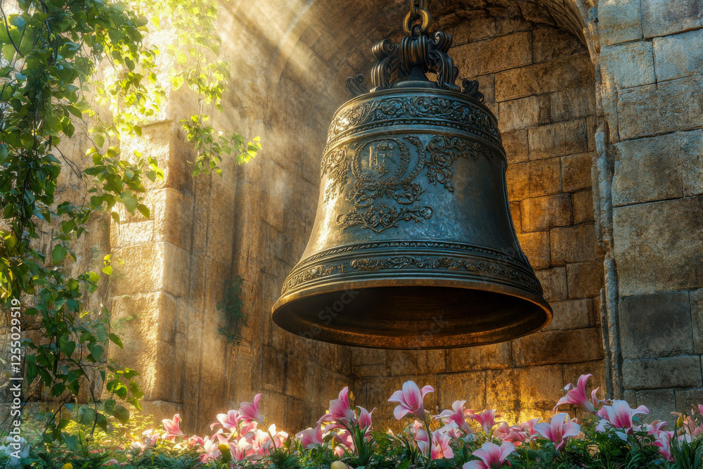 Obraz premium Majestic church bell with ornate designs surrounded by sunlight and pink flowers