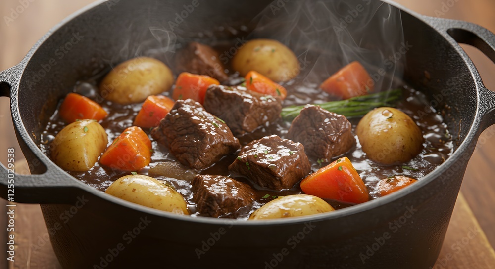 Delicious Beef Stew with Potatoes and Carrots Simmering in a Pot Delicious Beef Stew with Potatoes and Carrots Simmering in a Pot