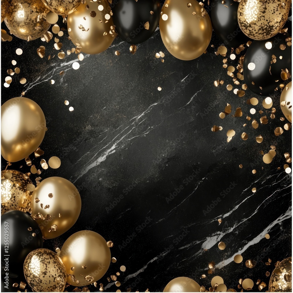 Naklejka premium Gold black balloons confetti marble background