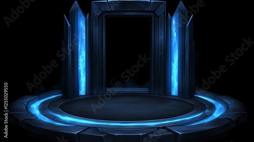 Mysterious Blue Portal Entrance Way Gate with Dark Stone Frame Platform Teleportation Threshold Scene photo