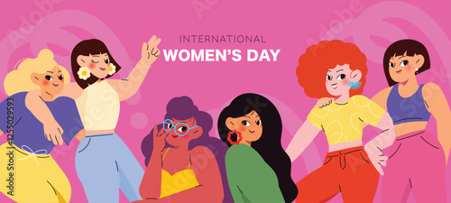 International Women's Day banner background vector. 8 March posters diverse women show solidarity and support to stop discrimination. Women empowerment movement Design for, campaign, event.