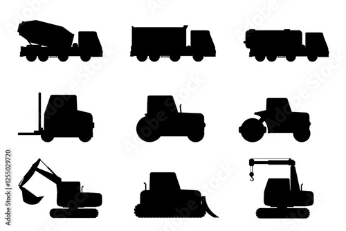 Heavy vehicles. Transportation machinery equipment. Construction vehicles. Excavator, crane, bulldozer. Road roller, tractor, forklift. Fuel tanker, dump truck, concrete mixer. Vector illustration set