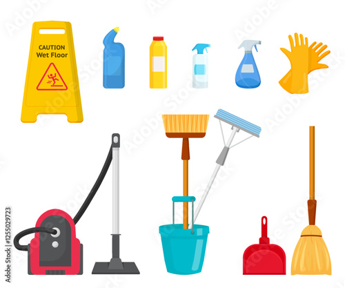 Cleaning equipment. Housekeeping and housework tools isolated on transparent background. Flat vector illustrations set.
