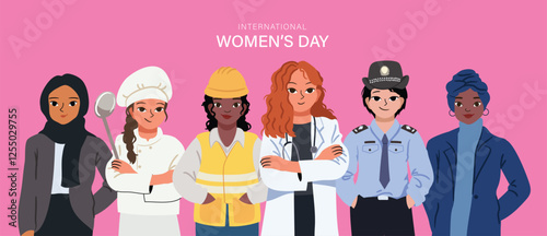 International Women's Day banner background vector. 8 March posters diverse women show solidarity,  different career, doctor, police, engineer. Women empowerment movement Design for, campaign, event.