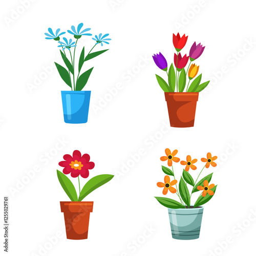 Flower bouquets in wrapping and blooming plant in clay or plastic flowerpots, wicker basket set. Tulip, rose and bud composition. Decorative florist shop items. Flat vector illustration.