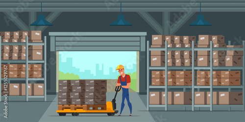 Warehouse indoor flat vector illustration. Factory storehouse worker character. Handyman loading cardboard boxes. Distribution, logistics, shipment.