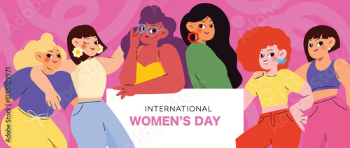 International Women's Day banner background vector. 8 March posters diverse women show solidarity and support to stop discrimination. Women empowerment movement Design for, campaign, event.