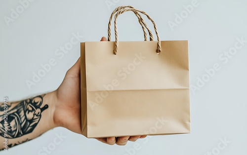 Hand holding a light brown paper shopping bag against a plain background. Possible use showcasing sustainable packaging photo