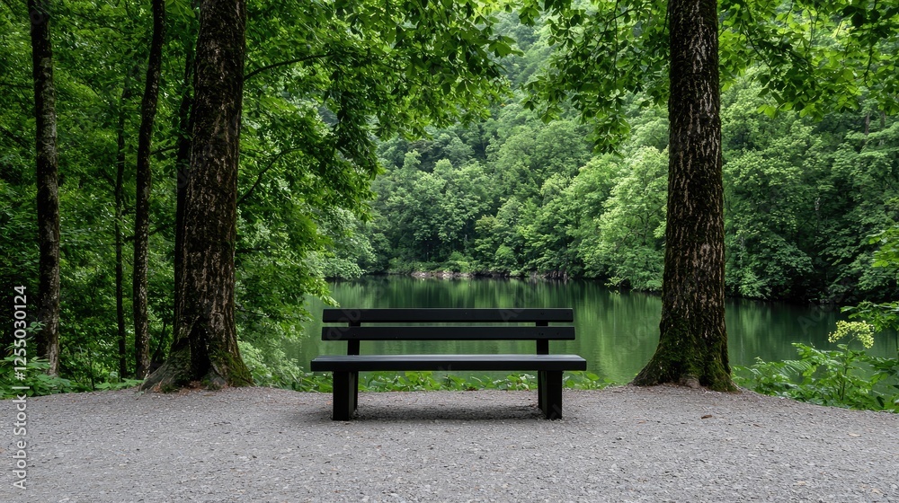 Serene lake view from park bench Serene lake view from park bench