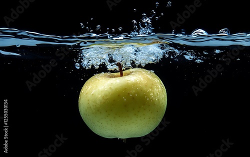 Green apple splashing into water on black background photo