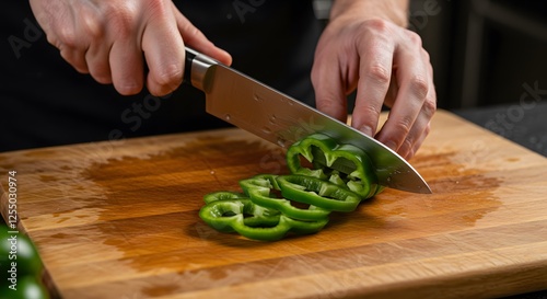 Slicing Fresh Green Bell Pepper on a Wooden Cutting Board