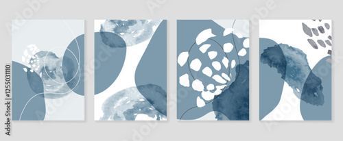 Abstract wall art vector template. Collection of hand drawn leaves with blue watercolor texture, abstract shape. Botanical poster set for wall decoration, interior, wallpaper, banner.