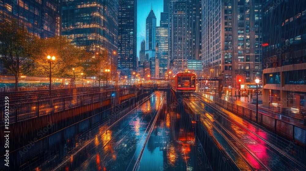 Fototapeta premium dazzling chicago skyline illuminated at night vibrant cityscape photography