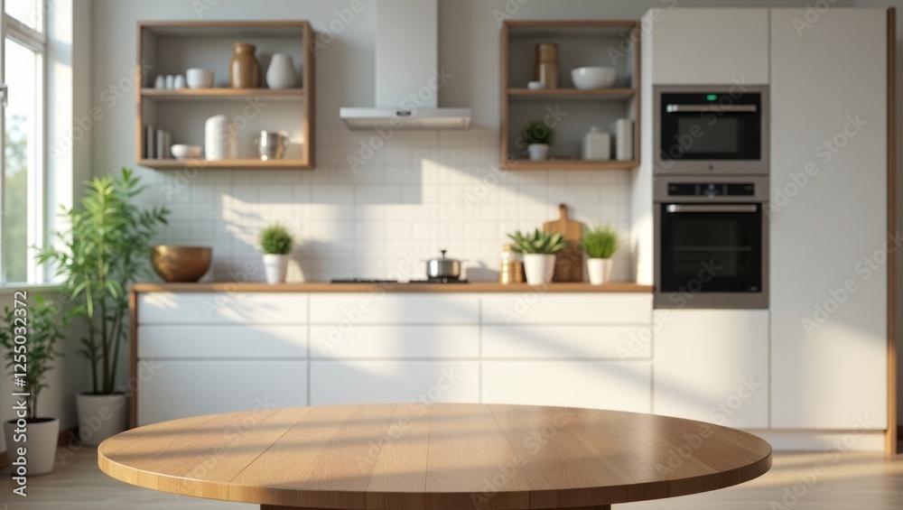 Fototapeta premium Modern kitchen with wooden table and elegant cabinets