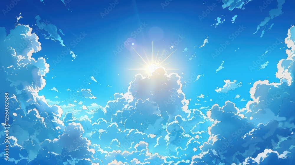 Cartoon blue sky with white fluffy clouds, anime aesthetic, sunny day with a glowing sun, vector art Cartoon blue sky with white fluffy clouds, anime aesthetic, sunny day with a glowing sun, vector art