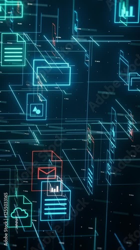 abstract complex grid with file and folder icons, futuristic document management system, concept of digital data organization (3d render) vertical video