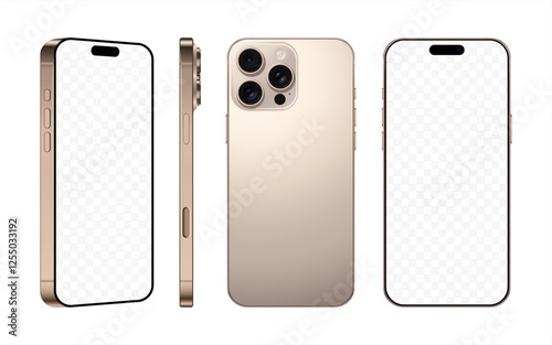 new frameless smartphone titabium desert color with black screen, front back and side view, isolated on white background. mockup of realistic mobile phone with shadow. 3d vector illustration, 10 eps.