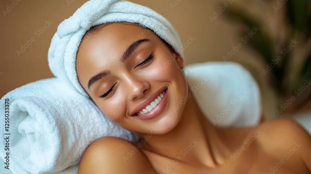 Radiant woman smiling with a towel wrapped on head in a serene spa setting Radiant woman smiling with a towel wrapped on head in a serene spa setting