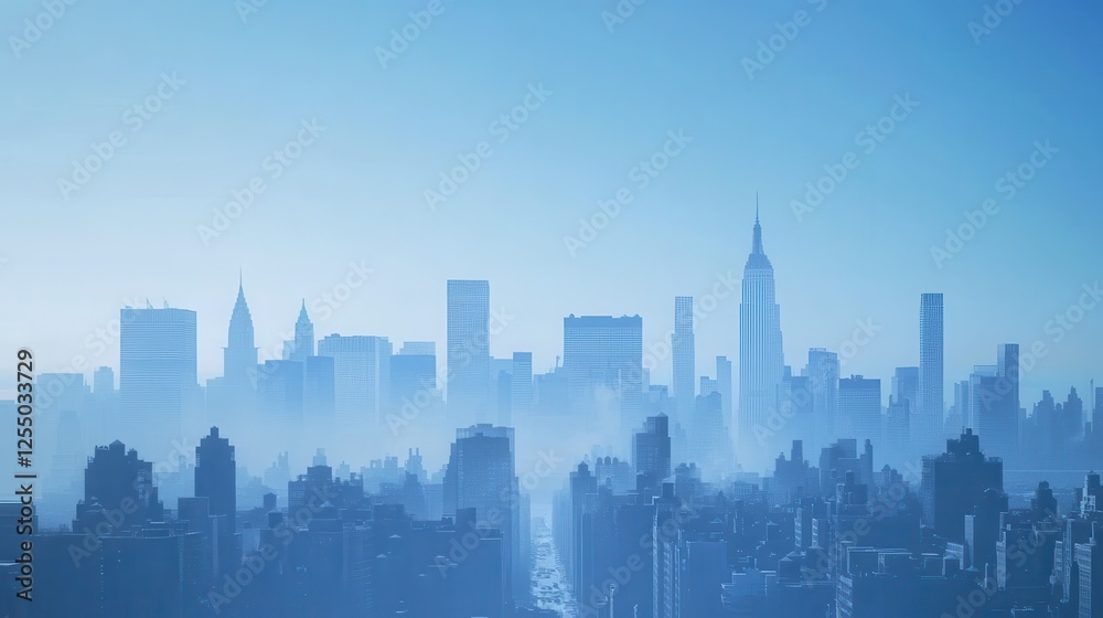 Naklejka premium Minimalist New York city skyline silhouette in blue and white, featuring iconic landmarks for commercial use.