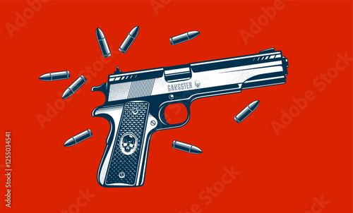 Detailed shotgun and bullets vector illustration in a classic graphic design style, beautiful gun drawing over red background.