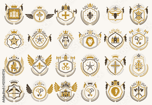 Heraldic Coat of Arms vector big set, vintage antique heraldic badges and awards collection, symbols in classic style design elements, family or business logos.