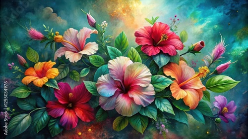 Vibrant Hibiscus Bouquet A Symphony of Color and Lush Greenery, Exquisitely Rendered in Artistic Detail