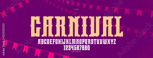 Mexican carnival and fiesta display font for posters and headlines, vector display typeface in retro style of circus and American wild west, celebration and party alphabet letters and numbers.