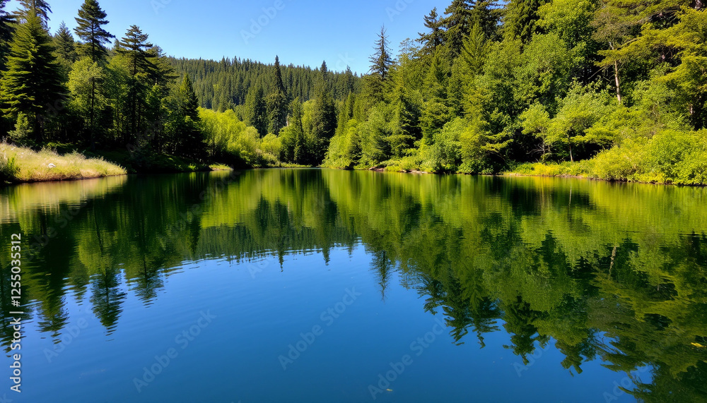 Crystal-clear lake reflecting green pine trees and blue sky, creating a peaceful and picturesque natural scene ideal for relaxation and outdoor exploration. Crystal-clear lake reflecting green pine trees and blue sky, creating a peaceful and picturesque natural scene ideal for relaxation and outdoor exploration.