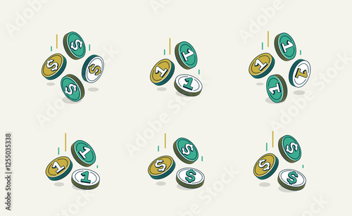 Falling coins vector set, rain of money, casino jackpot win, cashback concept, success and victory in business.