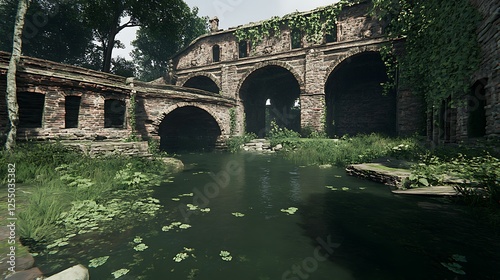 Old Stone Bridge with Arches Over Calm Water at Historic Ruins on Overcast Day Nature Scene