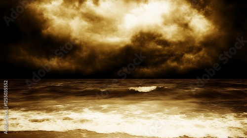 Ominous Horizon Stormy Seascape with Dark Clouds Above Turbulent Ocean Surface Under Heavy Sky photo