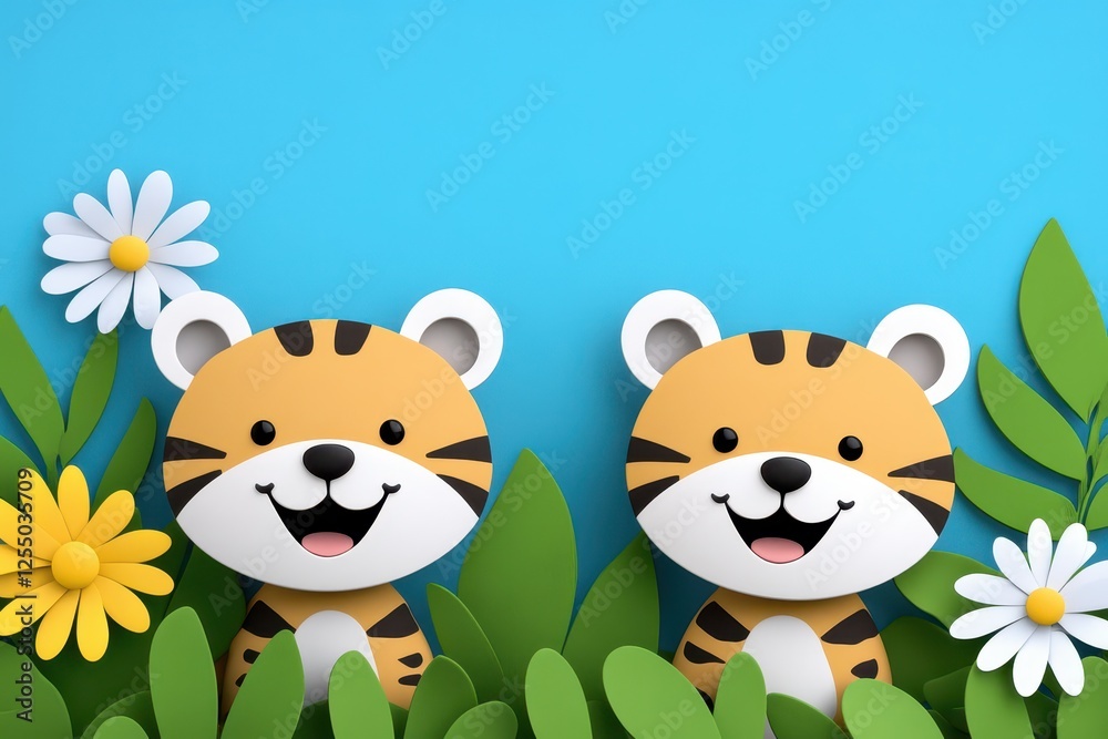 Two smiling cartoon tigers with large expressive eyes stand amidst bright yellow flowers and lush green leaves against a light blue background Two smiling cartoon tigers with large expressive eyes stand amidst bright yellow flowers and lush green leaves against a light blue background