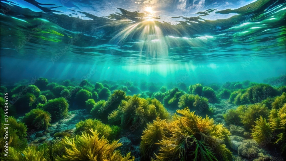 Sunlit Underwater Seascape Vibrant Kelp Forest Flourishing in a Crystal-Clear Ocean Sunlit Underwater Seascape Vibrant Kelp Forest Flourishing in a Crystal-Clear Ocean