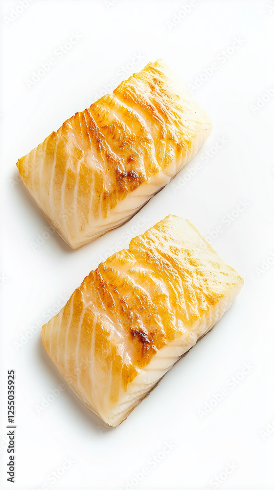 Grilled sablefish fillets displaying golden brown sear, glossy surface revealing succulent texture against crisp white backdrop, highlighting delicate culinary preparation
