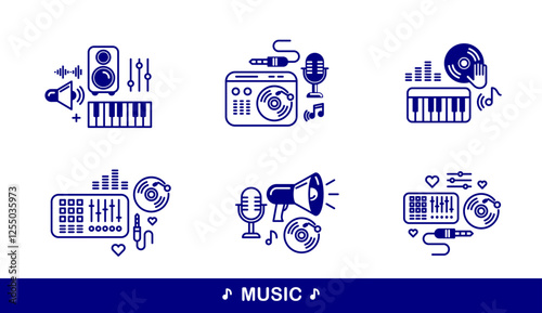 Sound producing and audio engineering vector detailed icons set, music mix and recording studio bundle, equipment and instruments.