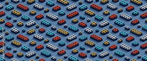 Toy constructor seamless pattern, isometric vector toy bricks tiling wallpaper, children game construction retro colored blocks endless pattern.