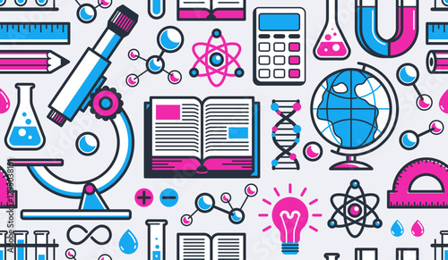 Science seamless background, vector tiling endless repeat pattern of different sciences like chemistry and physics, geography and math, elements easy to use separately as an icons or illustrations.