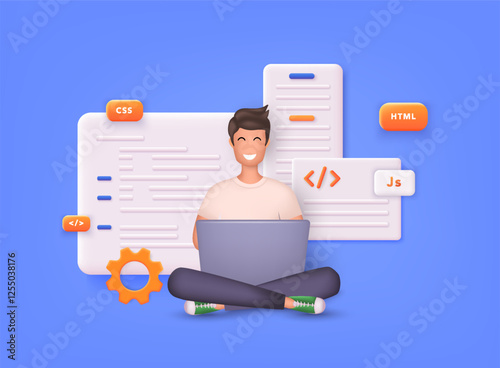 Website programming and coding. Web development and coding. Influencer marketing, social media or network promotion. 3D Vector Illustrations.