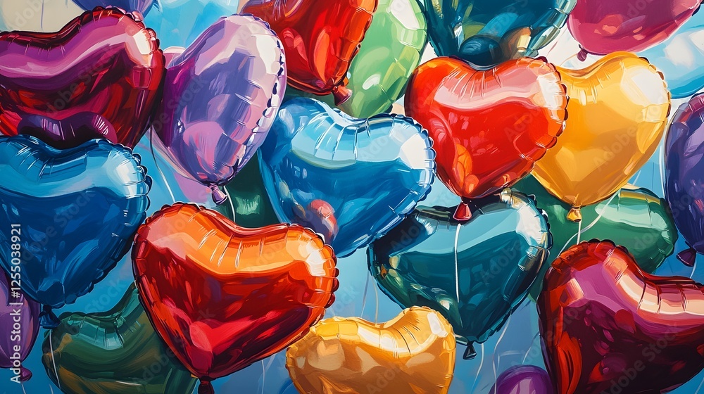 Fototapeta premium Colorful heart-shaped balloons, vibrant decorations in various hues, perfect for celebrations or romantic events, cheerful ambiance.